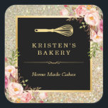 Bakery Chef Whisk Logo | Floral Gold Glitter Square Sticker<br><div class="desc">Bakery Chef Whisk Logo | Floral Gold Glitter Bakery Sticker.
(1) For further customisation,  please click the "customise further" link and use our design tool to modify this template. 
(2) If you need help or matching items,  please contact me.</div>