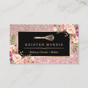 Bakery Chef Whisk Logo Floral Rose Gold Glitter Business Card