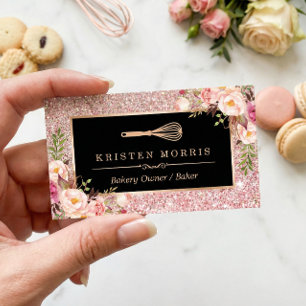 Bakery Chef Whisk Logo Floral Rose Gold Glitter Business Card