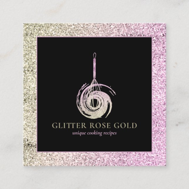 Bakery Chef Whisk Logo Rose Gold Glitter Square Business Card (Front)