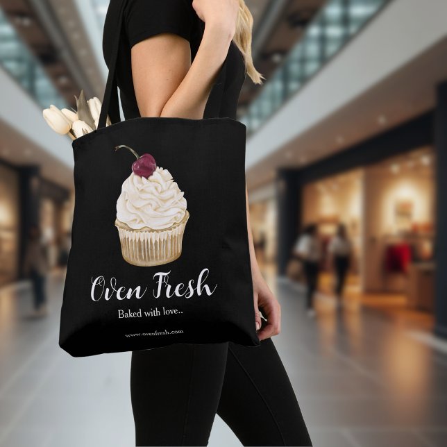 Bakery Cherry Cupcake Pastry Chef Black Tote Bag (Creator Uploaded)