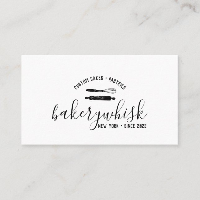 Bakery Cook Pastry Chef rolling pin and whisk logo Business Card (Front)