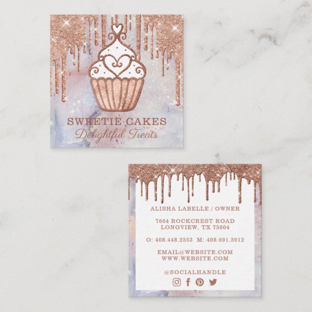 Bakery Cupcake Glitter Rose Gold Pink Drips Square Business Card (Front/Back)