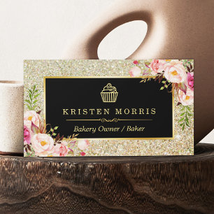 Bakery Cupcake Logo   Floral Gold Glitter Sparkles Business Card