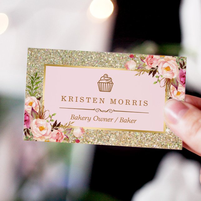 Bakery Cupcake Logo | Floral Pink Gold Glitter Business Card (Creator Uploaded)