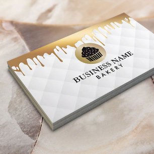 Bakery Cupcake Logo Gold Drips Elegant White Business Card