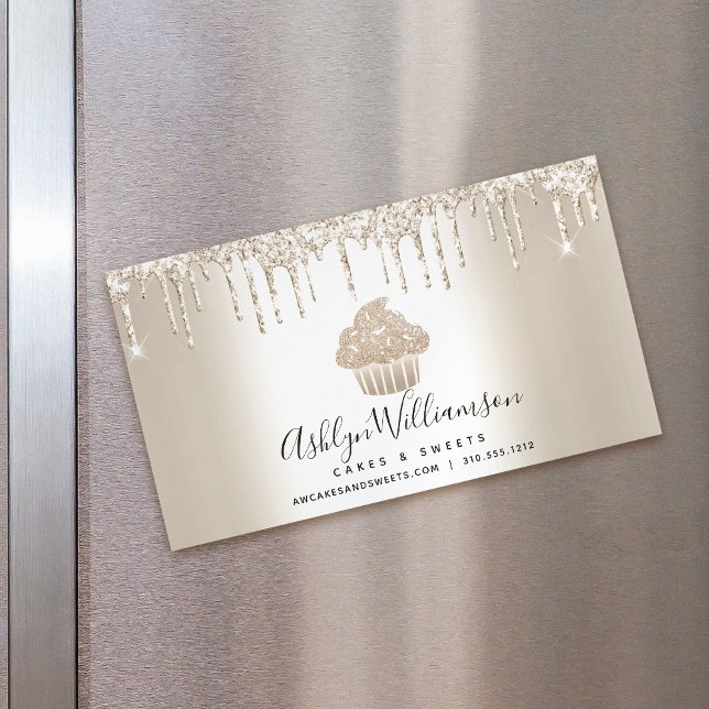 Bakery Cupcake Pastry Chef Chic Gold Glitter Drips Magnetic Business Card (Creator Uploaded)