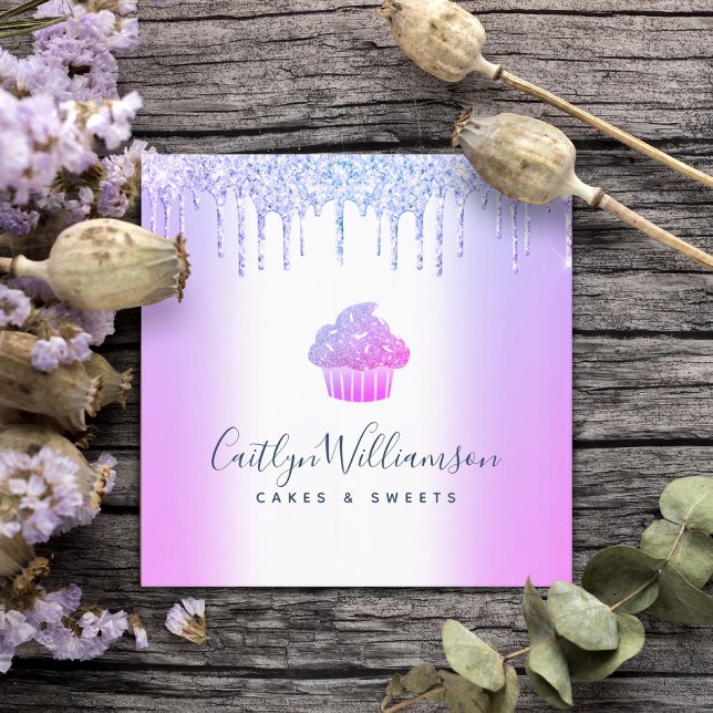 Bakery Cupcake Pastry Chef Purple Glitter Drips Square Business Card (Creator Uploaded)