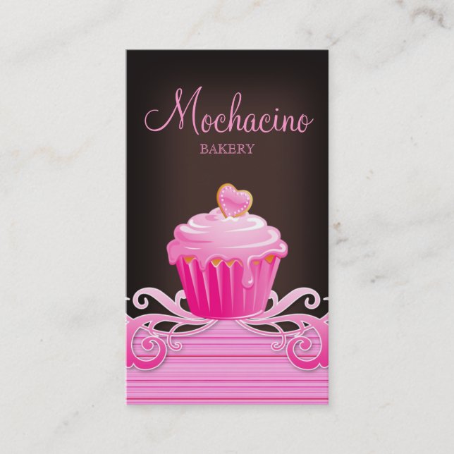 Bakery cupcake pink swirls chocolate brown business card (Front)