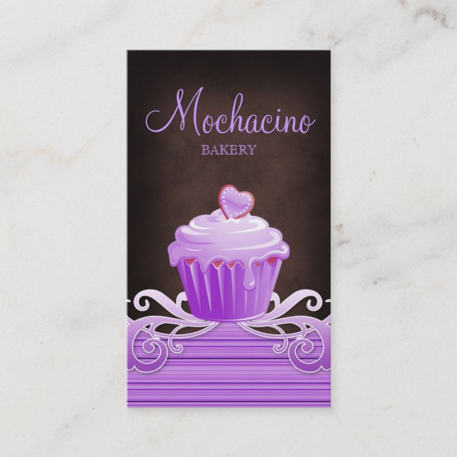Bakery cupcake purple swirls chocolate brown business card (Front)