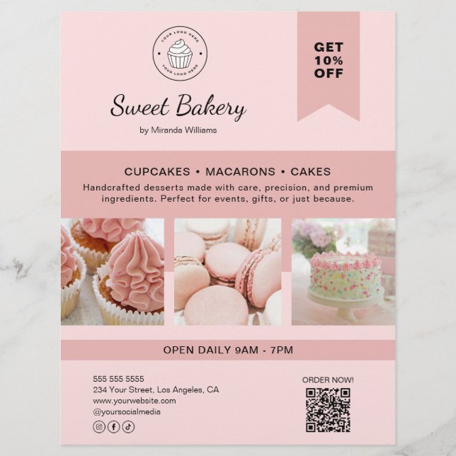 Bakery Custom Logo Photo QR Code Pink Flyer (Front)