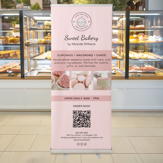 Bakery Custom Logo QR Code Business Pink Retractable Banner (Bakery Custom Logo QR Code Business Pink Retractable Banner)