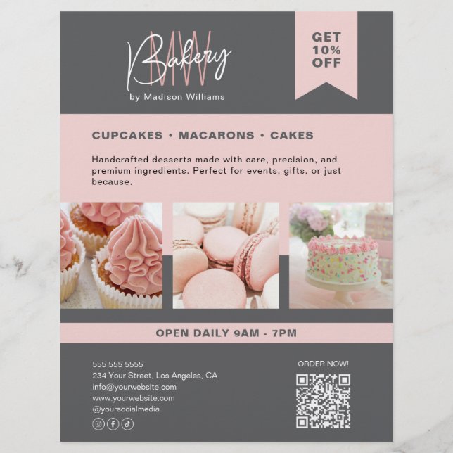 Bakery Custom Monogram Logo Grey Pink Flyer (Front)