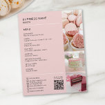 Bakery Custom Photo QR Social Media Icons Menu<br><div class="desc">Promote your bakery or cake shop with this sleek, fully customisable flyer. Featuring a soft pink background and space for four photos to showcase your best treats, this flyer is perfect for highlighting your services and specialities. Add your bakery’s personalised details, including a scannable QR code for easy access to...</div>