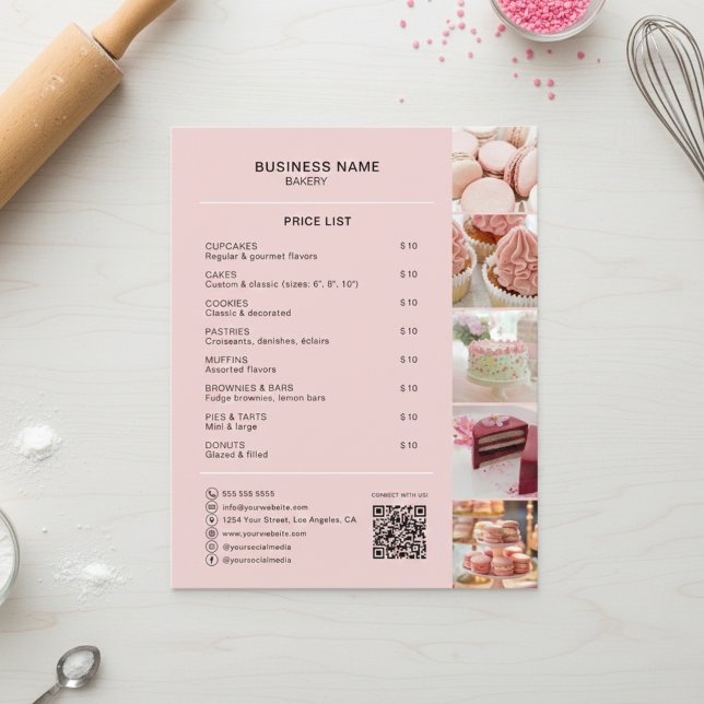 Bakery Custom Price List Photo Social Media QR Flyer (Bakery Custom Price List Photo Social Media QR Flyer)