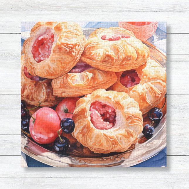 Bakery Dessert Croissant Canvas Print (Romantic Jelly Filled Danishes on a Silver Platter - Pretty Food Canvas Wall Art)