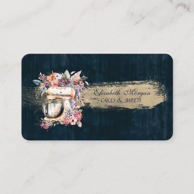 Bakery,Floral Mixer, Brush Stroke Blue  Business Card (Front)