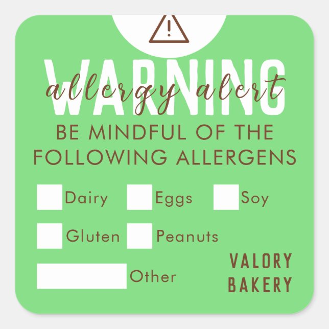 Bakery Food Allergy Alert Safety Pastel Green Square Sticker (Front)
