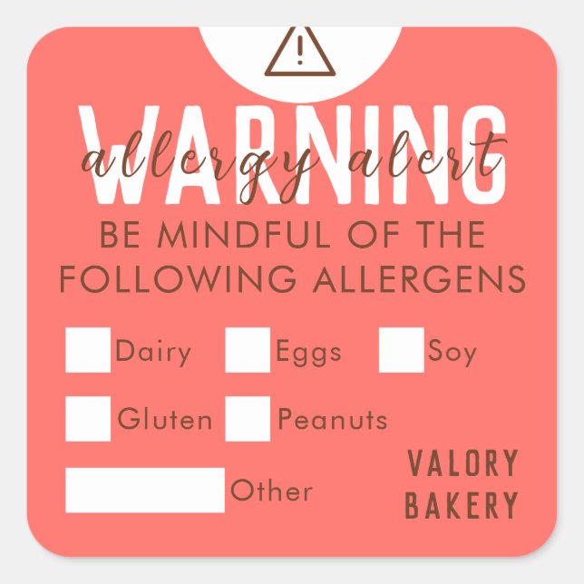 Bakery Food Allergy Alert Safety Pastel Red Square Sticker (Front)