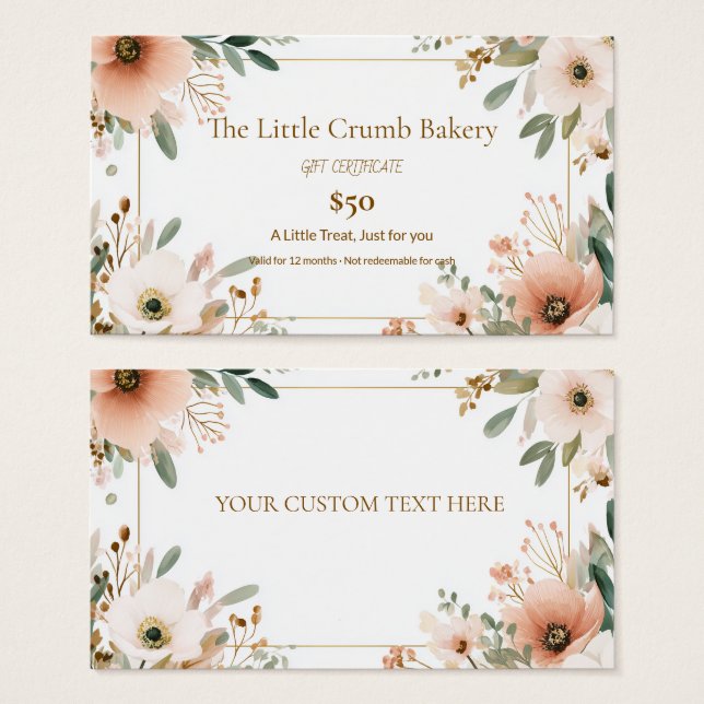 Bakery Gift Certificate, Watercolor Floral, Custom (Front & Back)