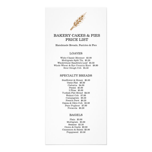 Bakery goods price list rack card (Front)