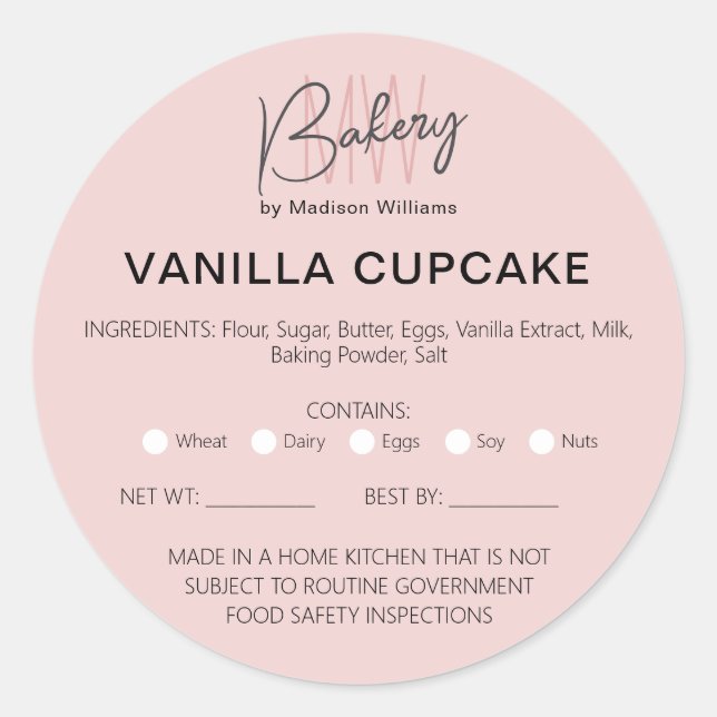 Bakery Home Allergy Legal License Pink Business Classic Round Sticker (Front)