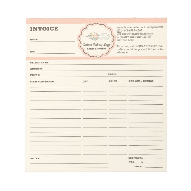 Bakery Invoice Notepad (Front)