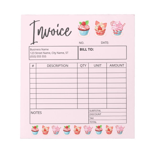 Bakery Invoice Sales Form Receipt Pastry Cupcake Notepad (Front)