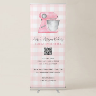 Bakery Kitchen Mixer Blush Pink Gingham QR Code Retractable Banner