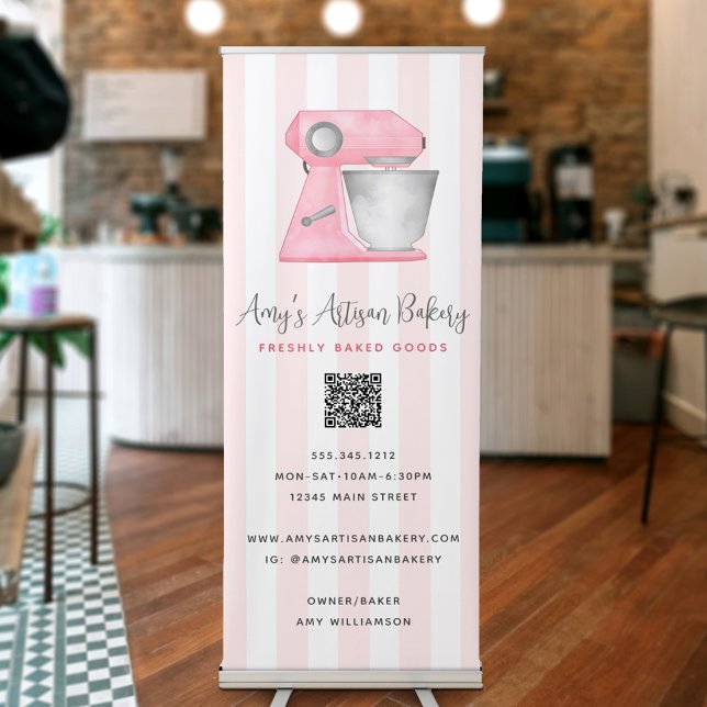Bakery Kitchen Mixer Blush Pink Stripes QR Code Retractable Banner (Creator Uploaded)