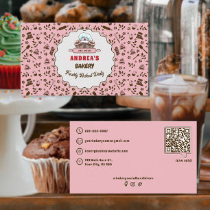 Bakery Logo & QR Code Cute Pastel Pink Custom  Business Card