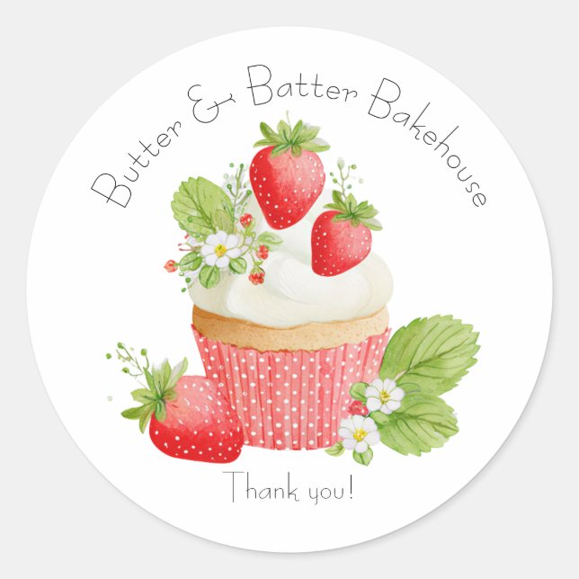 Bakery Logo Stickers,  Strawberry Cupcake Label (Front)