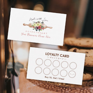 Bakery Loyalty Card Rolling Pin Red Floral Elegant