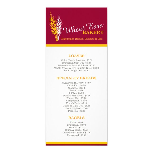 Bakery Menus baked goods price list rack card (Front)