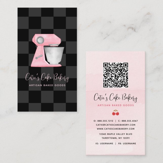 Bakery Mixer Blush Pink Black Chequered QR Code Business Card (Front/Back)