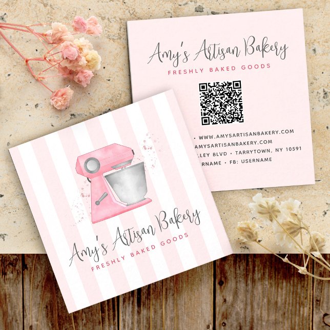Bakery Mixer Blush Pink QR Code Stripes Pattern Square Business Card (Creator Uploaded)