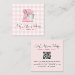 Bakery Mixer QR Code Blush Pink Gingham Pattern Square Business Card