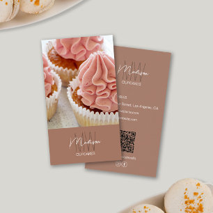 Bakery Monogram Logo Cupcake Photo QR Brown Business Card