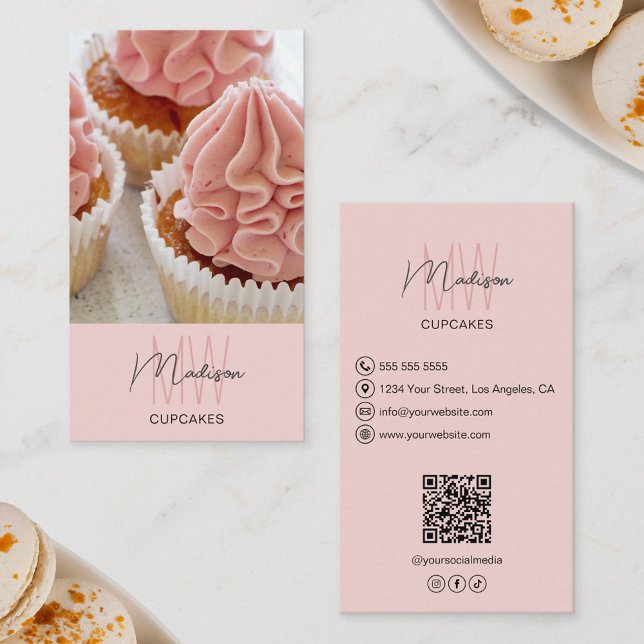 Bakery Monogram Logo Photo QR Pink Business Card (Bakery Monogram Logo Photo QR Pink Business Card)