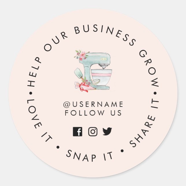 Bakery Pale Pink Social media follow  Classic Round Sticker (Front)