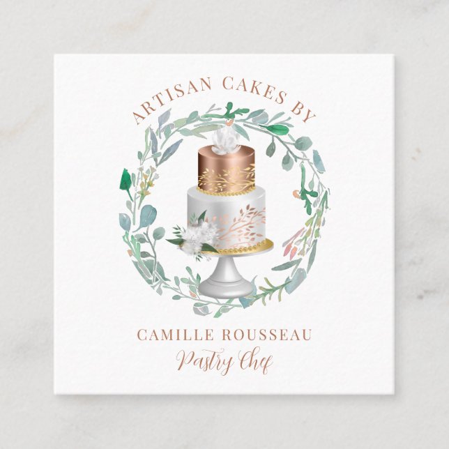 Bakery Pastry Chef Baker Rose Gold Cake Square Business Card (Front)