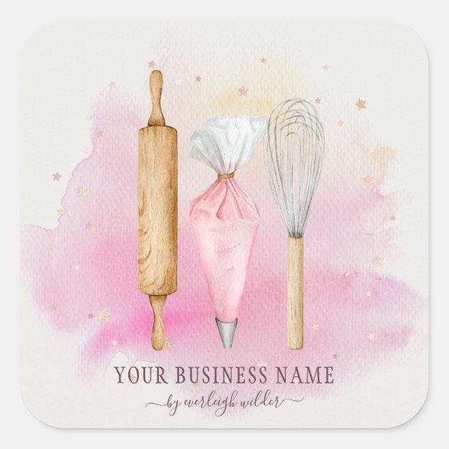 Bakery Pastry Chef Baker Utensils Pink  Square Sticker (Front)