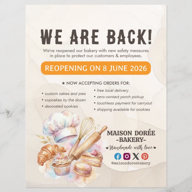Bakery Pastry Chef Baking Catering Grand Reopening Flyer (Front)
