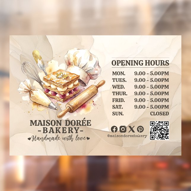 Bakery Pastry Chef Baking Catering Opening Hours Window Cling (Sheet 2)