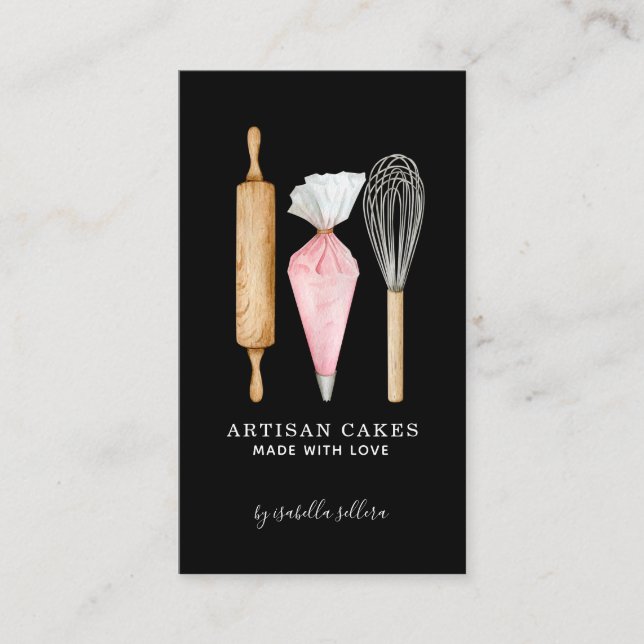 Bakery Pastry Chef Baking Utensils Black Business Card (Front)
