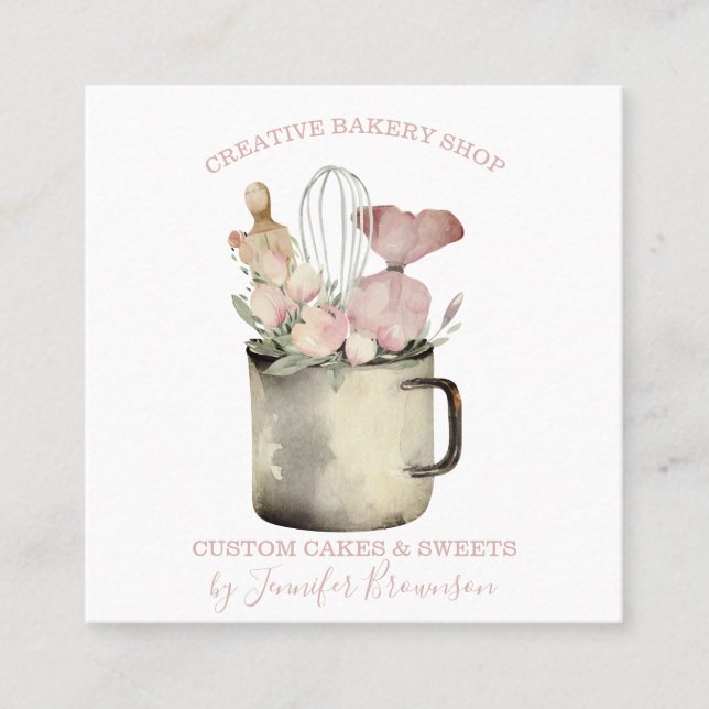 Bakery Pastry Chef cafe Boho chic floral Square Business Card (Front)