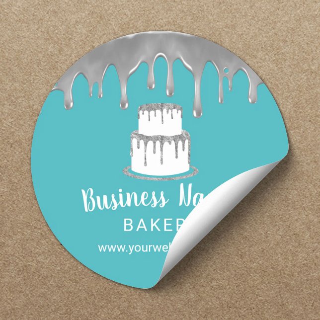 Bakery Pastry Chef Cake Logo Silver & Turquoise Classic Round Sticker (Creator Uploaded)