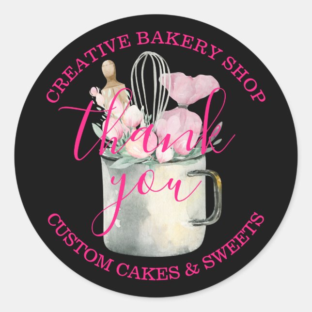 Bakery Pastry Chef cute pink black thank you Classic Round Sticker (Front)