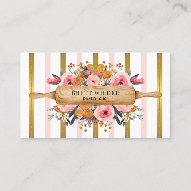 Bakery Pastry Chef Floral Pink Gold Foil Stripes Business Card (Front)