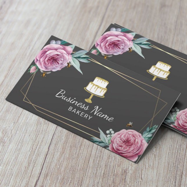 Bakery Pastry Chef Flower & Bees Geometric Grey Business Card (Creator Uploaded)
